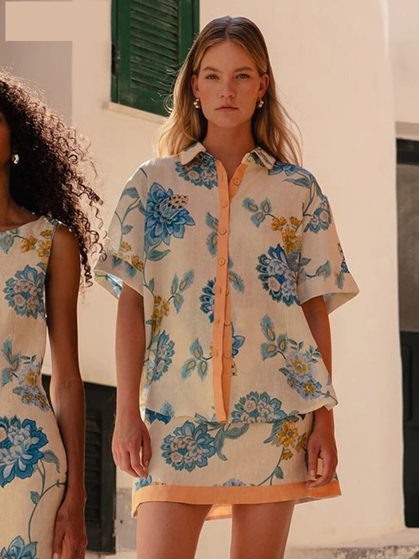 Matching Sets - Summer Loose Print Women 2 Piece Set Outfit 2025 Vintage Short Sleeve Shirt With High Waist Mini Skirt Set Streetwear