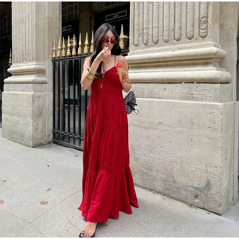 - Elegant Suspender Maxi Dress Women Sexy Summer Pleated Sling Beach Dress Female Backless V-neck Vacation Evening Long Vestidos