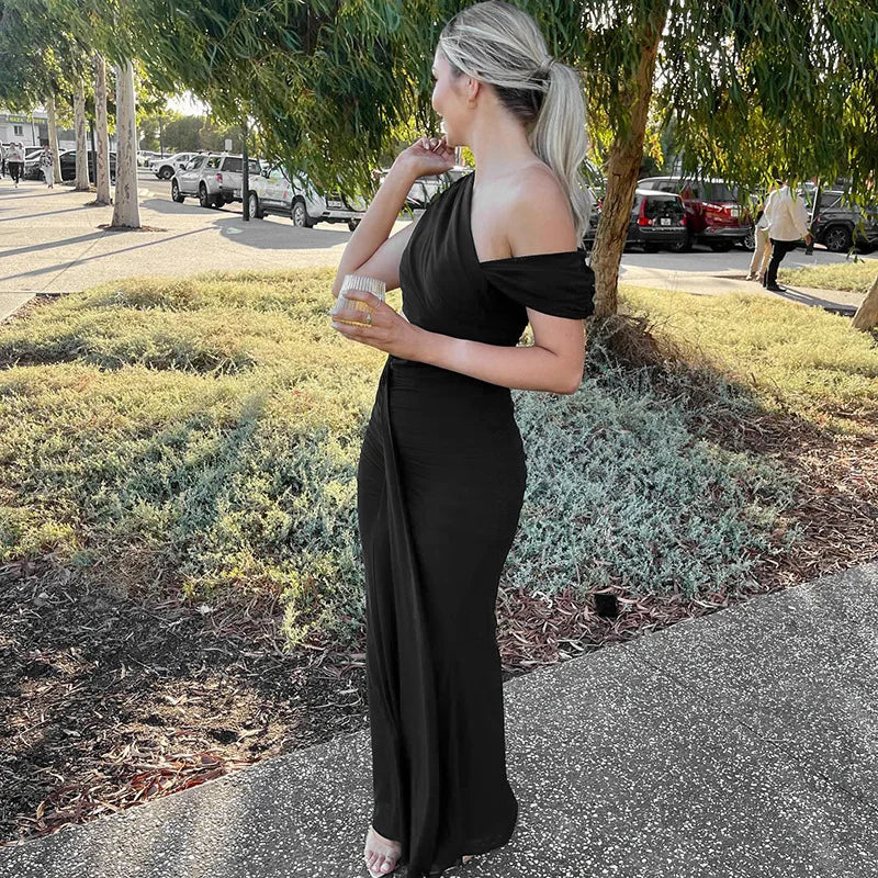 Elegant Dresses - Sexy Sleeveless Hollow Out Pleated Patchwork Maxi Dress For Women High Waist Off-shoulder Slim Club Party Long Dress