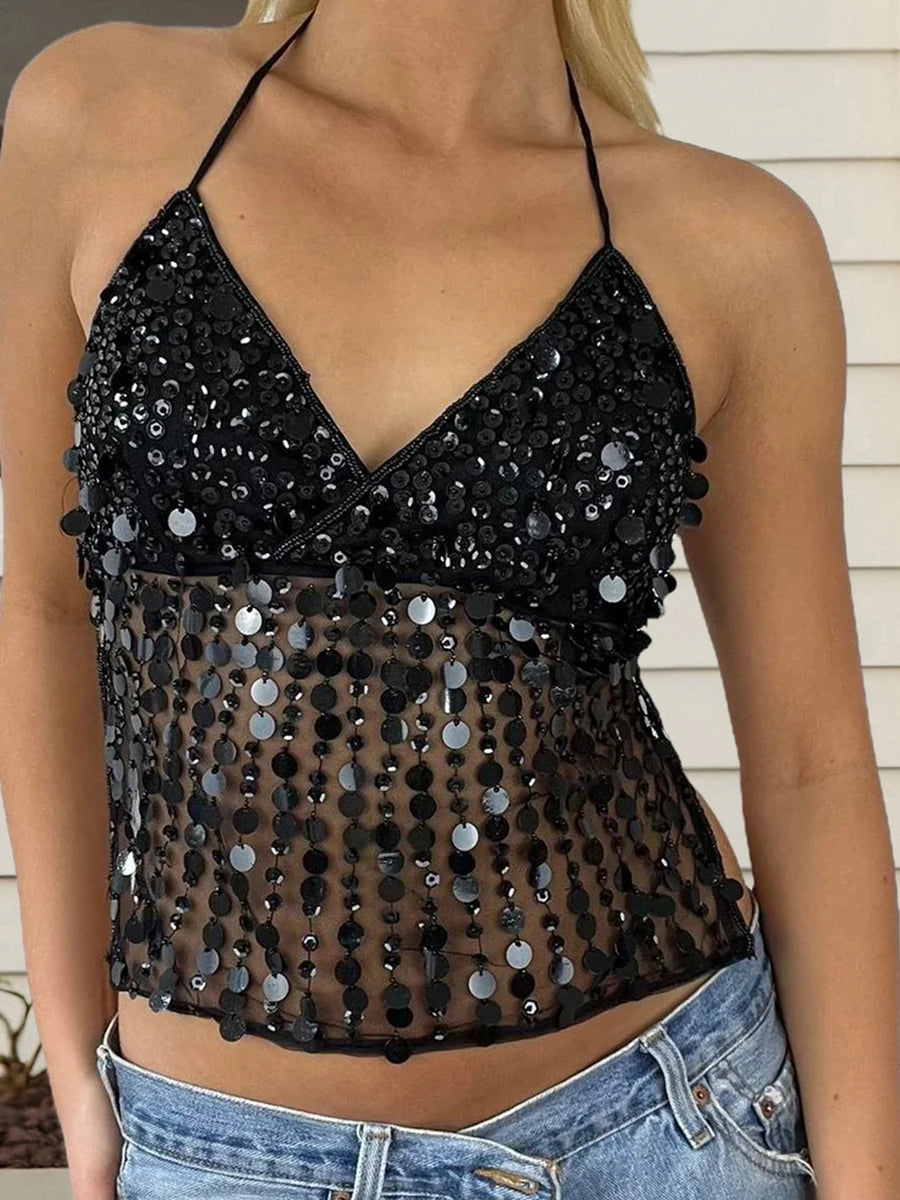 Tops - Women Y2k Sparkly Sequin Halter Beaded Camisole Cute Glitter Rhinestone Spaghetti Strap Backless Criss Cross Cami Top Blue