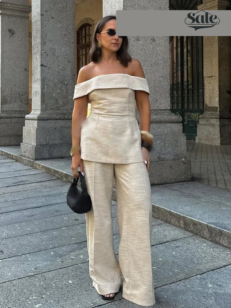 Pants Sets - Women Elegant Solid Slim Back Zipper Side Slit Crop Design Slash Neck Top+High-Waisted Zip-up Loose Long Pant 2 Piece Set