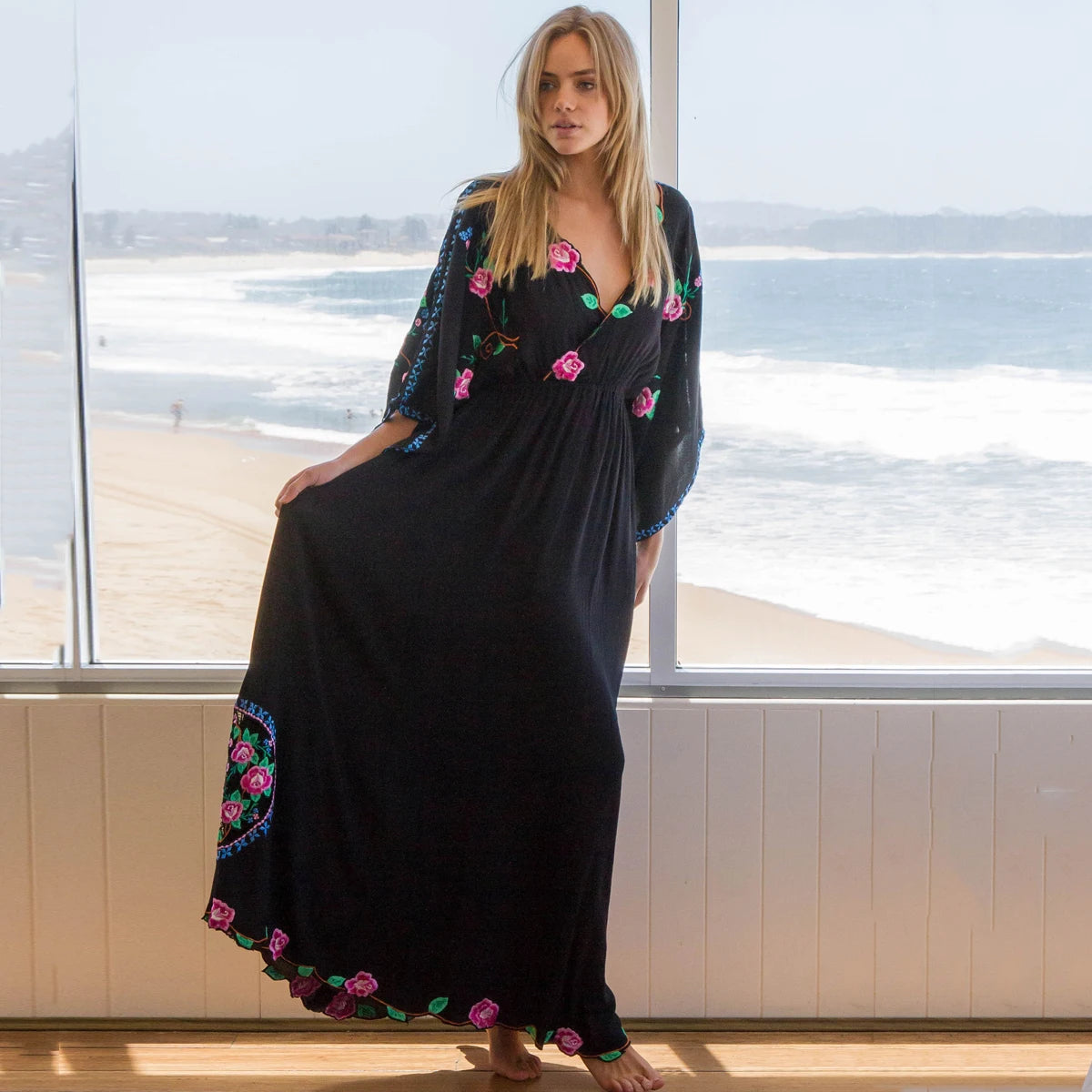 Kaftans - Jastie Embroidered Women Maxi Dress V-Neck Batwing Sleeve Loose Oversize Summer Dresses Drawstring Waist Boho Beach Vestidos