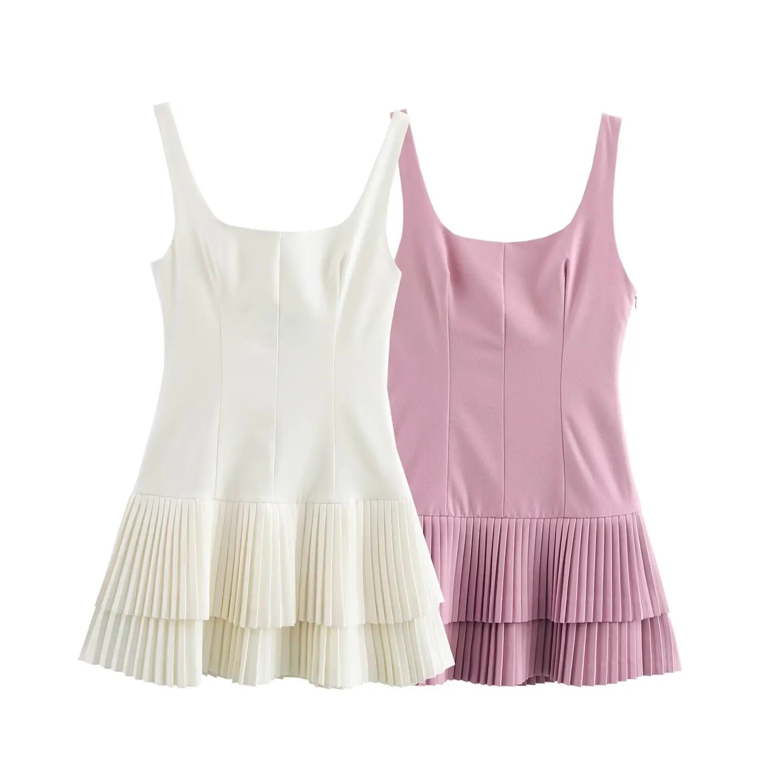 Mini Dresses - Women Fashion Square Collar Sleeveless Solid Mini Dress Female Summer Pleated Dress Chic High Street Slim Short Dress