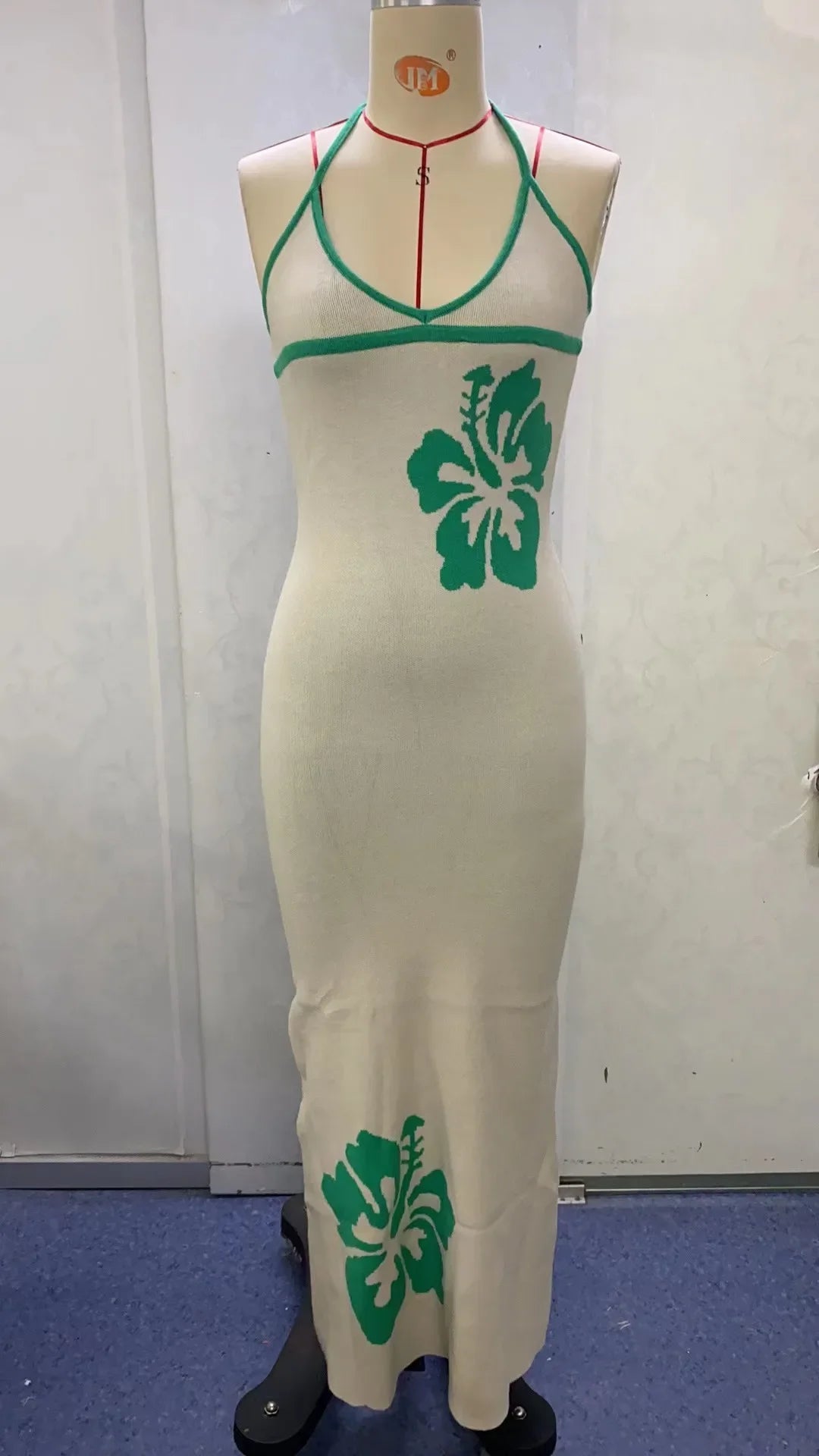 Vacation Dresses - 2024 Summer New Knitted Halterneck with Suspenders V-neck Sexy Backless Fashion Flower Print Slim Dress