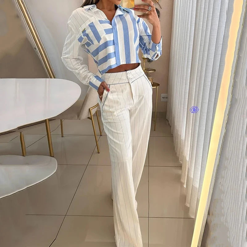 Pants Set - 2 Piece Set Autumn Women Office Elegant Striped Printed Lapel Long Sleeve Single Breasted Button Top Loose Pants Sets