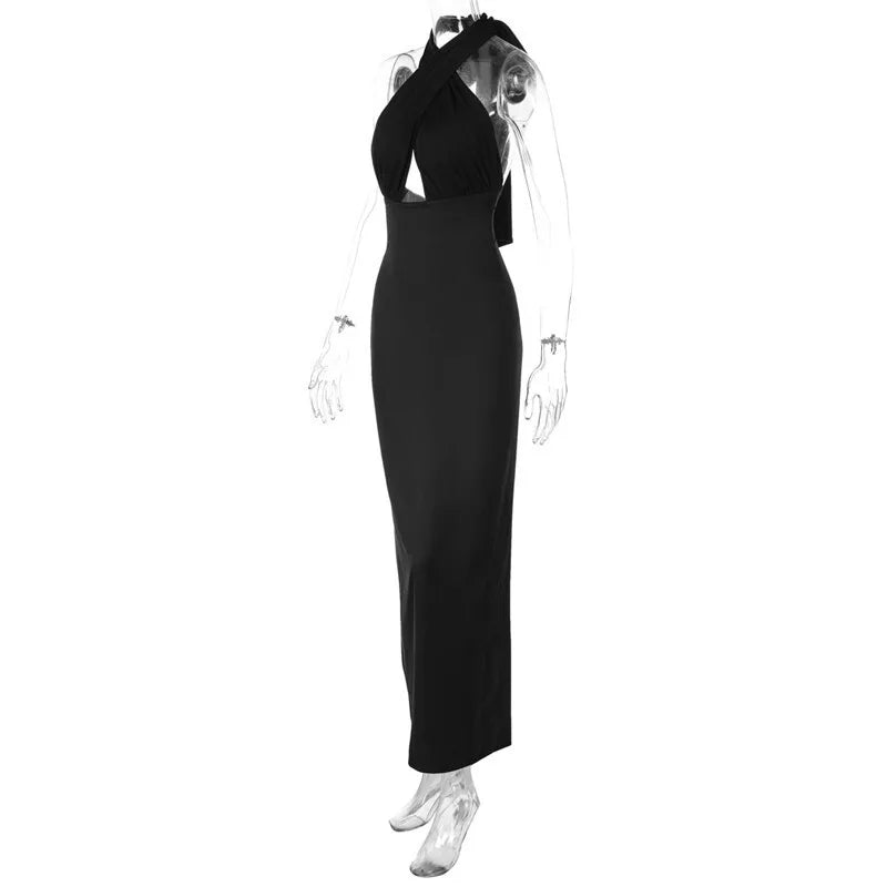 Elegant Dresses - Halter Backless Sexy Maxi Dress For Women Black Satin Hollow Out Sleeveless Strapless Bodycon Club Long Dress Elegant