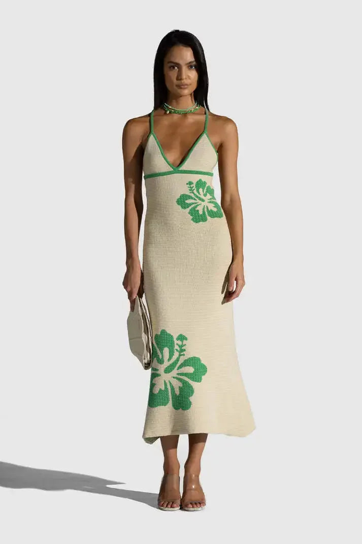 Vacation Dresses - 2024 Summer New Knitted Halterneck with Suspenders V-neck Sexy Backless Fashion Flower Print Slim Dress