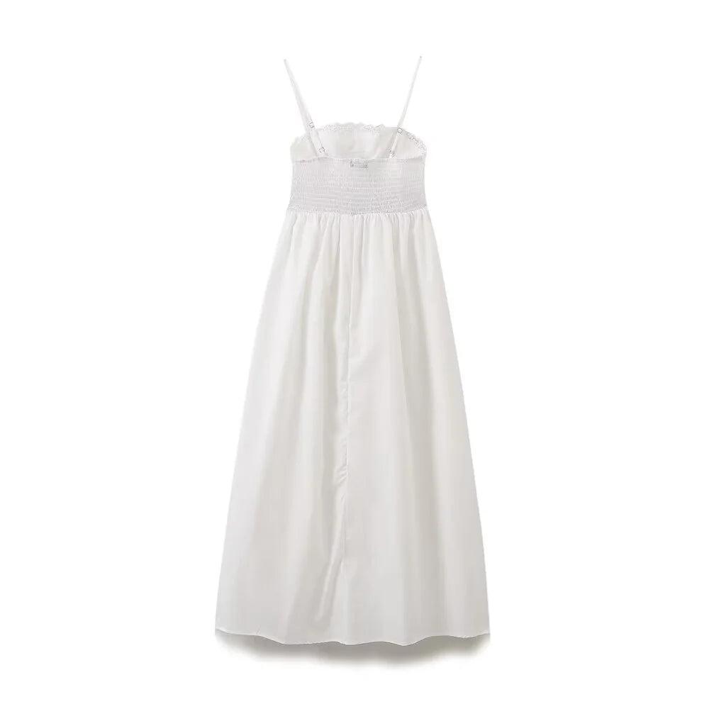 Vacation Dresses - Summer New Women's Fashion Style Slimming Sweet Solid Color Versatile Embroidered Lace Splicing Dress