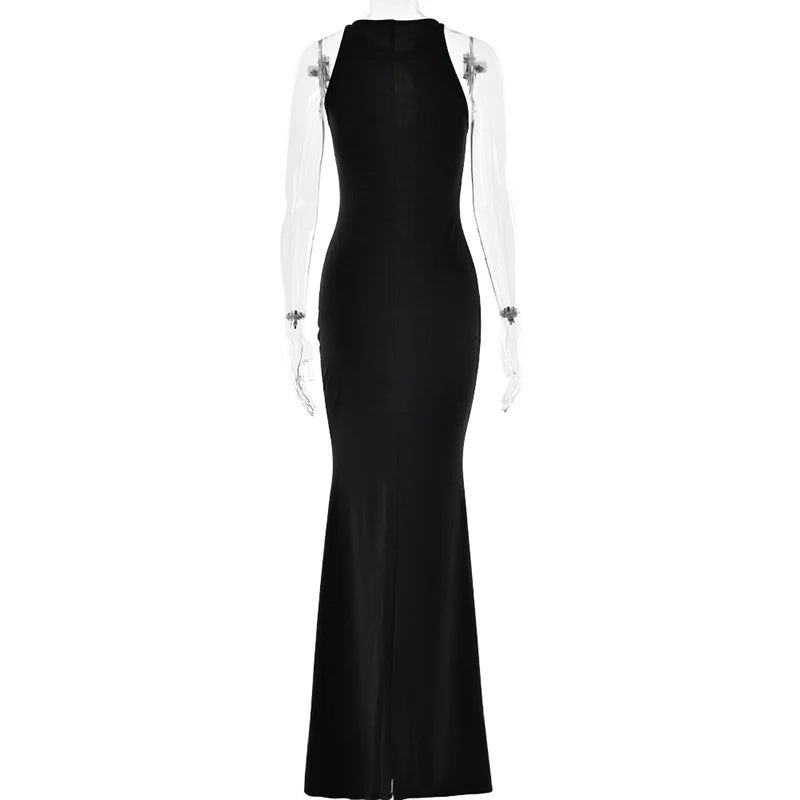 Elegant Dresses - Hollow Out Pearl Tassel Sexy Maxi Dress For Women Black O Neck Sleeveless High Waist Bodycon Club Party Long Dress