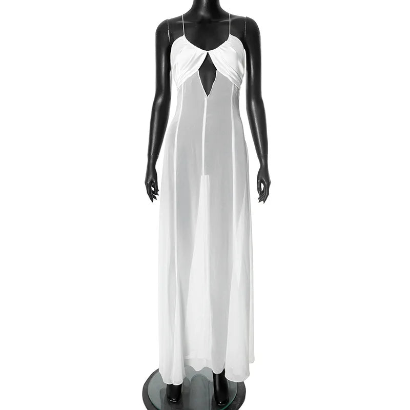 See-through Dresses - Transparent Mesh Summer Beach Dress White Black Sexy Vacation Outfits Backless Maxi Long Dresses Woman 2025 C85-DD19