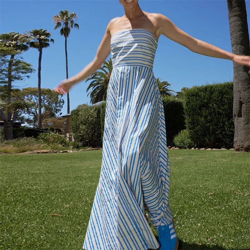 Strapless Dresses - Tube Dress for Women y2k Summer Striped Print Off Shoulder Strapless Sleeveless A Line Long Dress Beach Party Dresses