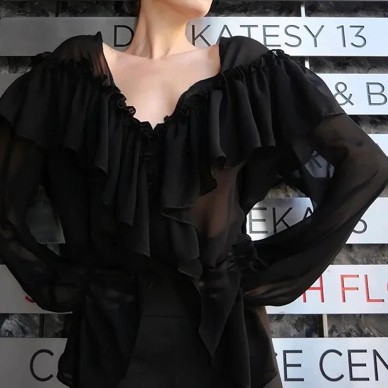 Blouses - Women's Chiffon Ruffle Shirts White Loose V-neck Lantern Sleeve See Through Blouses 2025 Spring Summer Lady Commute Outwears