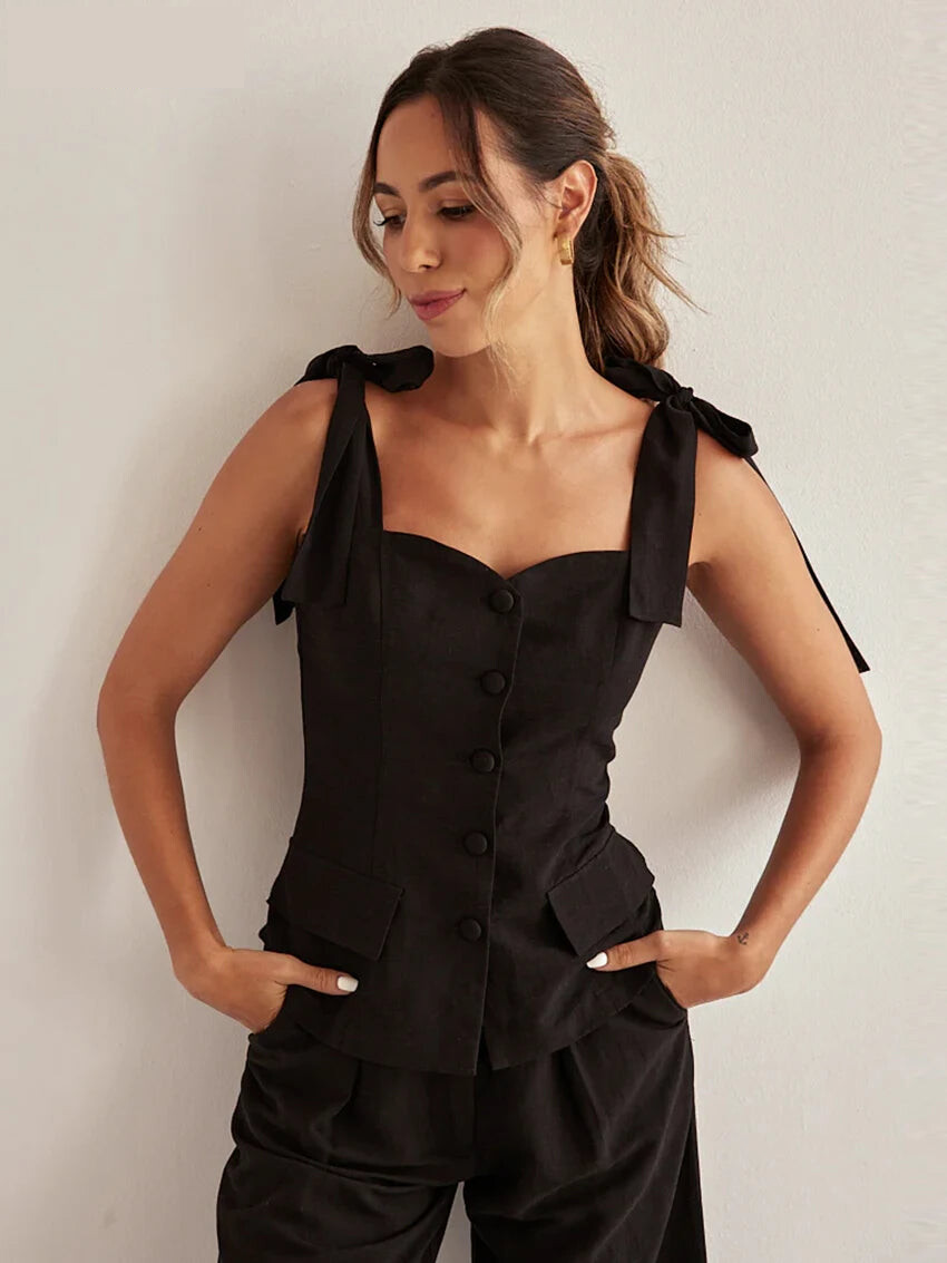 Pants Sets - Summer Slim Black Cotton Women's Two Pieces Set 2025 Fashion Sleeveless Tank Top With High Waist Wide Pants Set Female