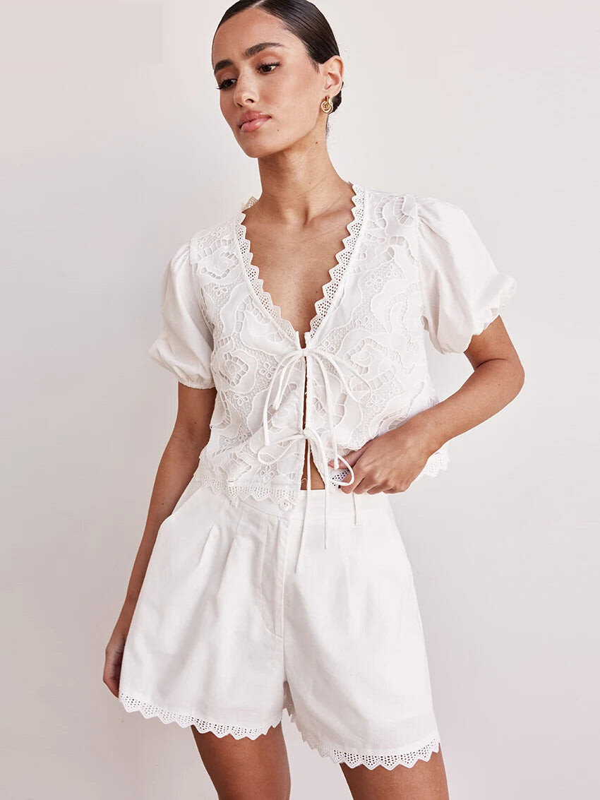 Matching Sets - Sexy Loose White Cotton 2 Piece Sets Women Outfit 2025 Summer Short Sleeve Shirt With High Waist Shorts Set Streetwear