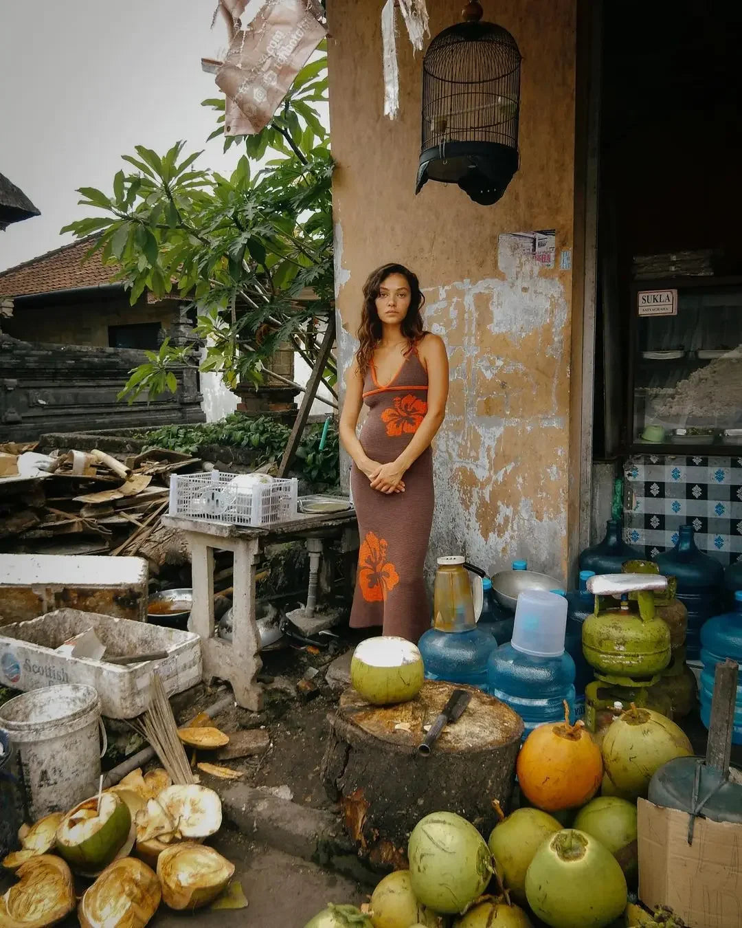 Vacation Dresses - 2024 Summer New Knitted Halterneck with Suspenders V-neck Sexy Backless Fashion Flower Print Slim Dress