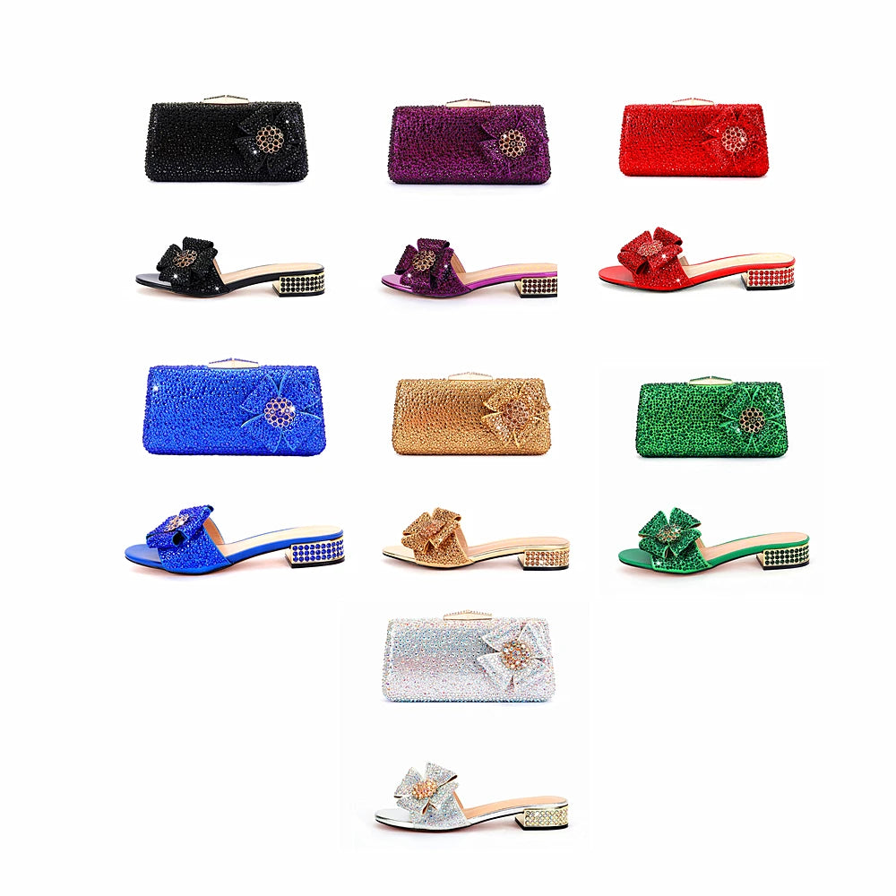 Shoes - New Ladies Rhinestone Clutch Flat Heel Diamond Evening Shoes and Bag suit Rhinestone Flat plus size Stone Slippers Size 34-44