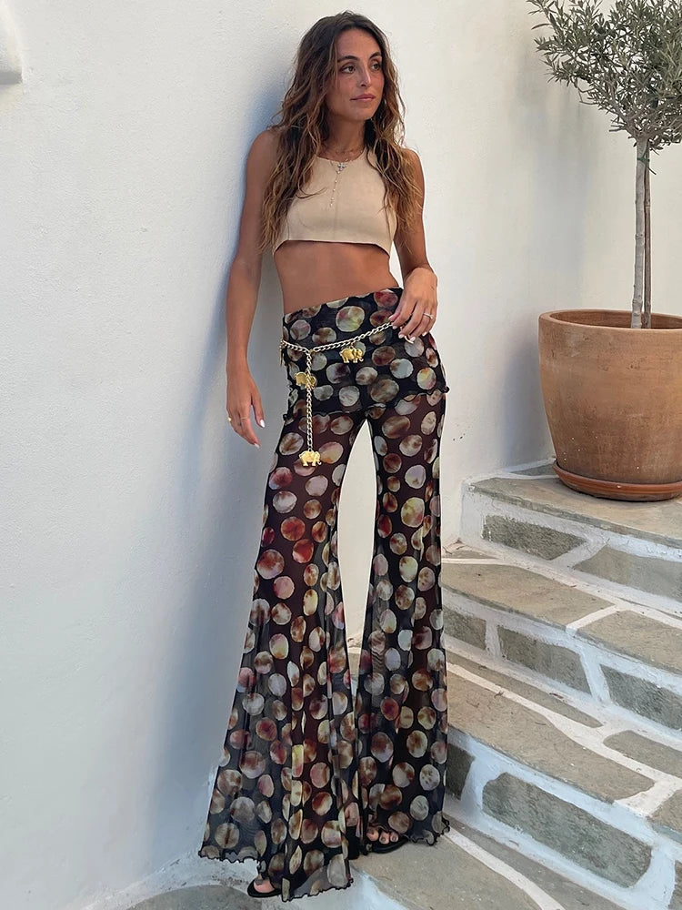 Flared Pants - Mesh Leopard Print Trousers Woman Fashion High Waist Print Wide Leg Pants Female Elegant Printed Long Pants Bottoms