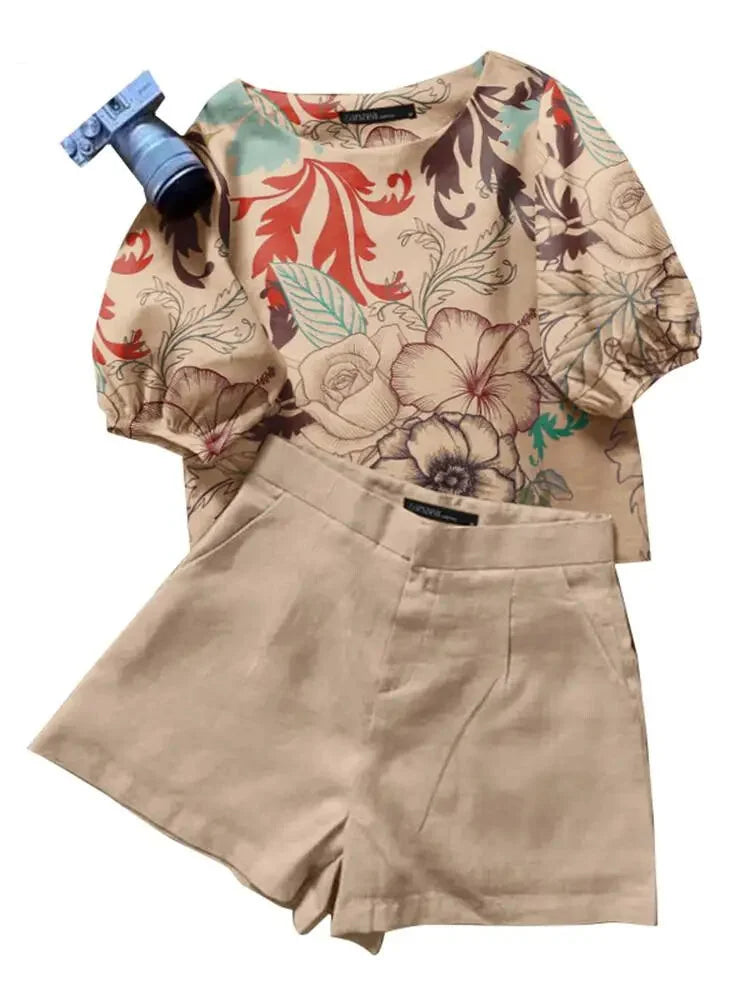 Shorts Outfit Set - Summer Short Sets Women Outfits 2PCS Elegant Short Sleeve Floral Blouse Pant Suit Fashion Tracksuit Matching Sets
