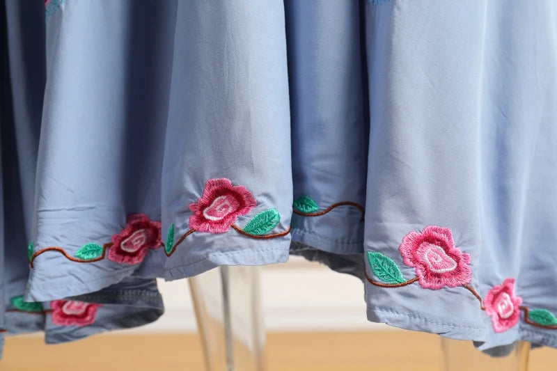 Kaftans - Jastie Embroidered Women Maxi Dress V-Neck Batwing Sleeve Loose Oversize Summer Dresses Drawstring Waist Boho Beach Vestidos