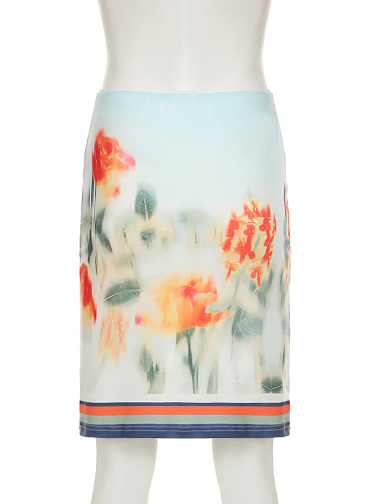 Skirt Sets - Print Floral Two Piece Sets Women Skirt Suit Spaghetti Strap Top Mini Skirt Sets Spring Slim Elegant Party Beachwear