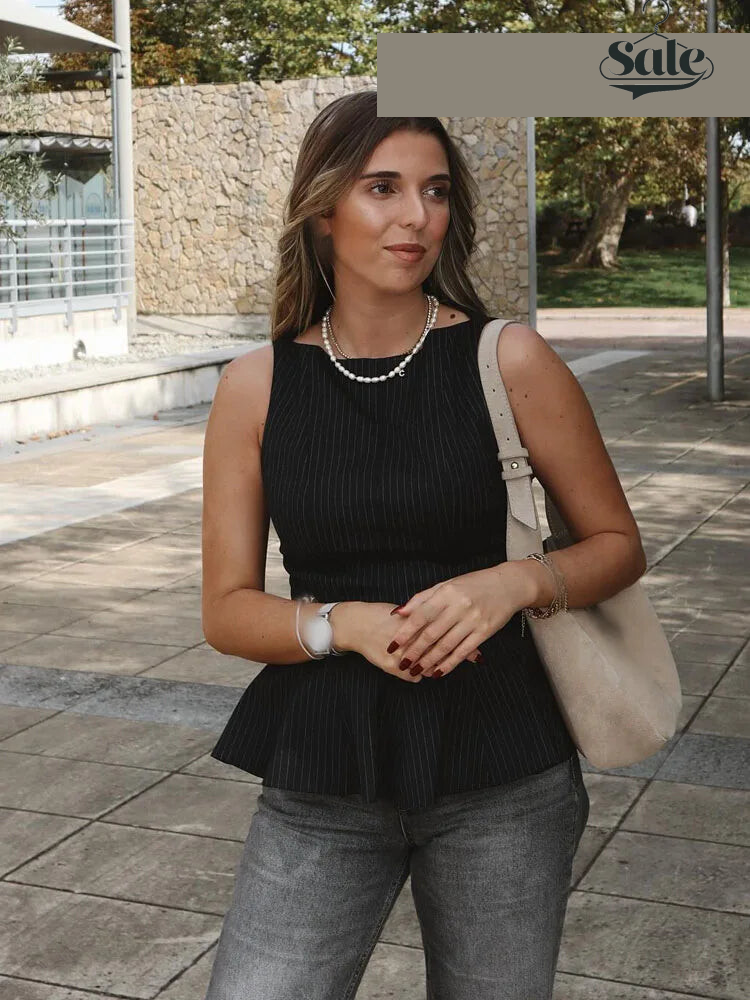 Peplum Tops - Women's New Fashion Simple Stacked Decorative Slim Fit 3-Color Top Female Elegant Round Neck Sleeveless Ruffle Zipper Top