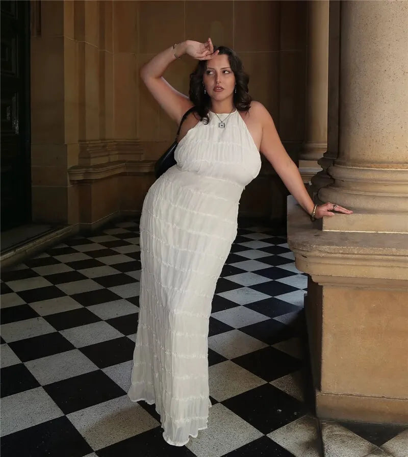 Party Dresses - Mozision Halter Backless Sexy Maxi Dress For Women Spring Summer New Lace-up Sleeveless Pleated Beach Holiday Long Dress Elegant