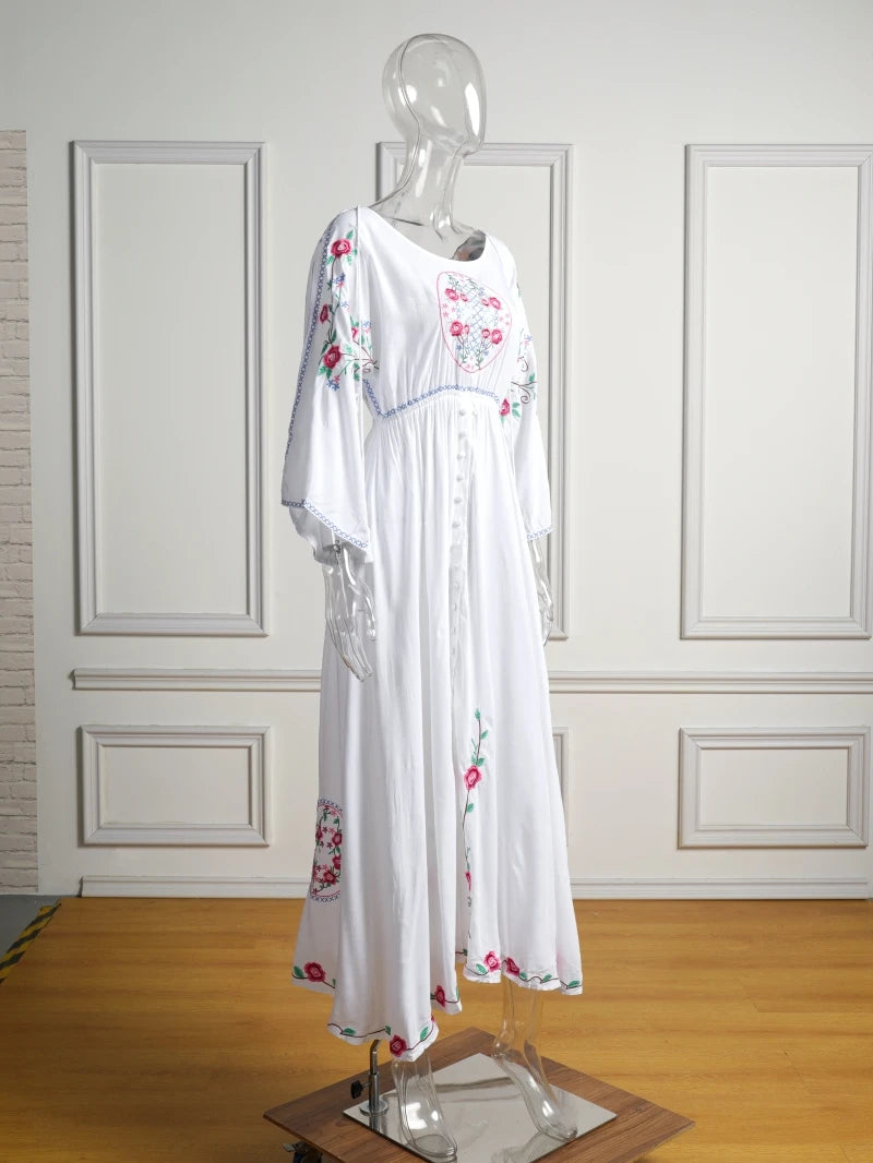 Kaftans - Jastie Embroidered Women Maxi Dress V-Neck Batwing Sleeve Loose Oversize Summer Dresses Drawstring Waist Boho Beach Vestidos