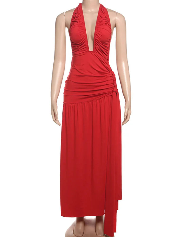 Plunging Dresses - Halter Deep V Neck Sexy Maxi Dress For Women Gown Fashion Solid Sleeveless Backless Draped Ruched Bodycon Long Dress