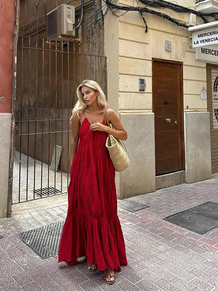 - Elegant Suspender Maxi Dress Women Sexy Summer Pleated Sling Beach Dress Female Backless V-neck Vacation Evening Long Vestidos