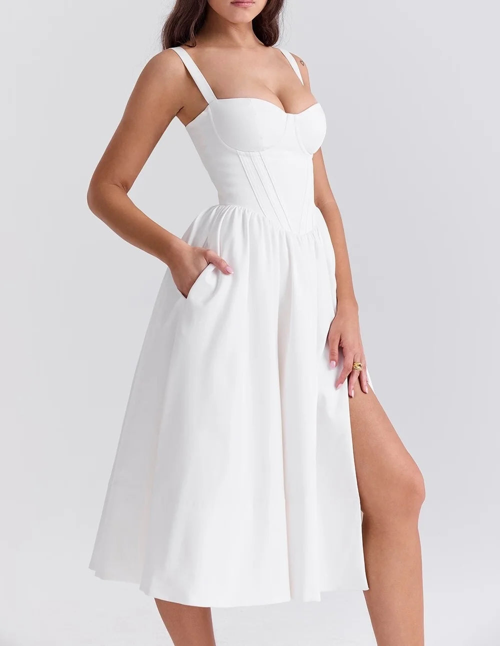 Midi Dresses - women's clothing French white waist slimming suspender dress female summer three-dimensional