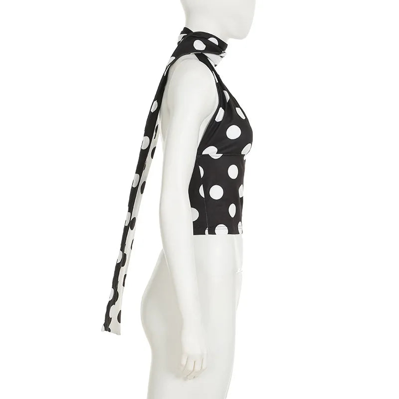 Sleeveless Blouses - Contrast Polka Dot Cross Scarf Vest Sexy Hot Girl Two Wears Short Top V Neck Slim Fashion Club Party Tank 2025 New Summer