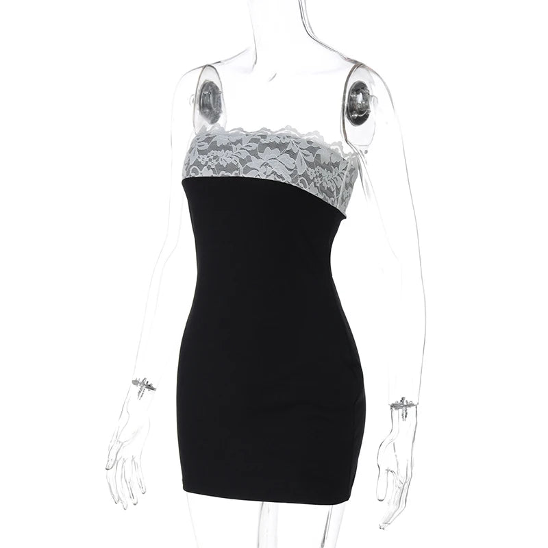 Mini Dresses - Mozision Lace Strapless Sexy Mini Dress For Women Robe Patchwork Off-shoulder Sleeveless Backless High Waist Bodycon Club Dress