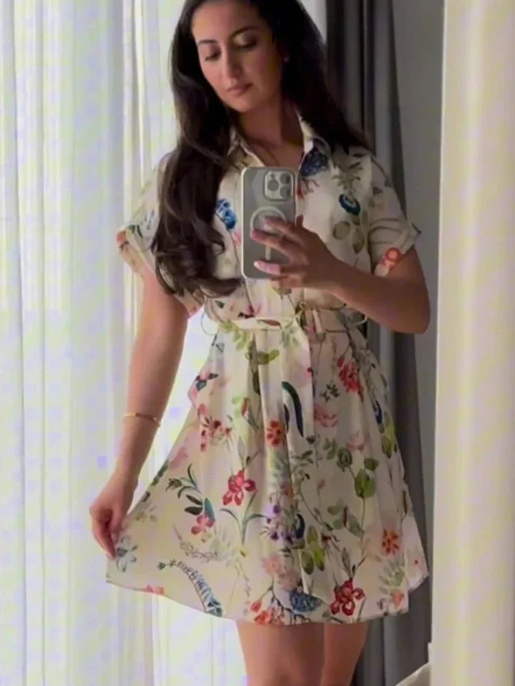 A-Line Dresses - ZBZA Women's Floral Print Satin Dress Short Turned-up Sleeves Self Belt Lapel Collar Pockets Button Mini Skirt Female Chic Dress