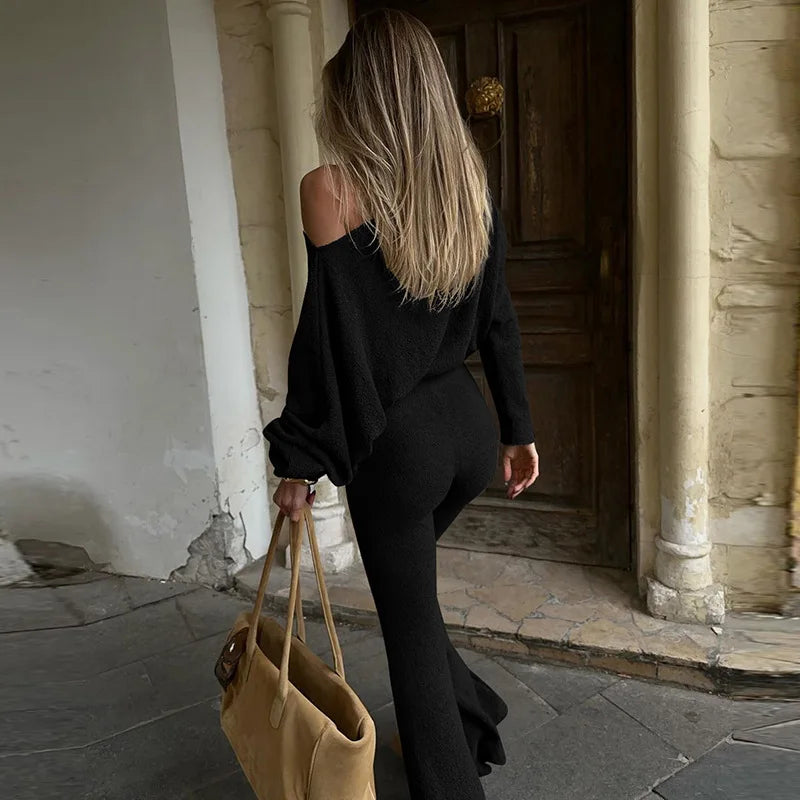 Elegant Fashion Outfits Two Piece Sets Asymmetrical Top and Flare Pant Casual Women Matching Sets Loungewear