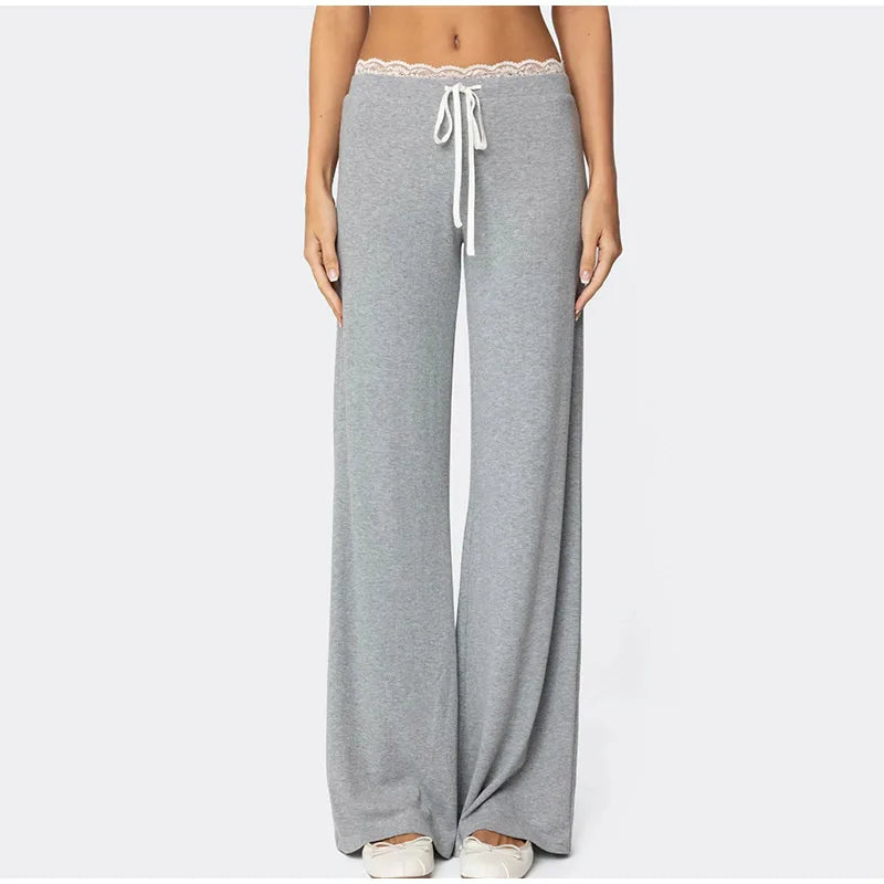 Loungewear - Women Lace Top Pant Suit Casual Bow Lace Up Patchwork Blouse Loose Elastic Waist Trouser Female Sets 2025 Spring Lady Streetwear