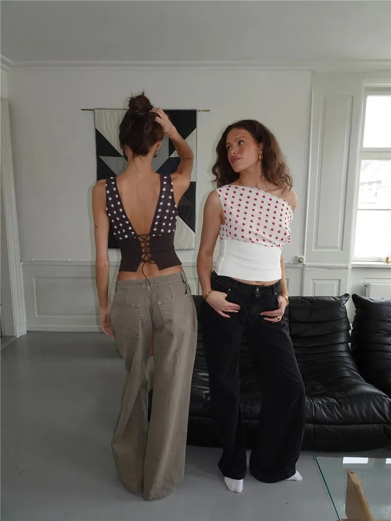 Crop Blouses - Backless Polka Dot Crop Tops Women Vest Fashion Summer New Oblique Shoulder Sleeveless Tank Tops Pullovers Female