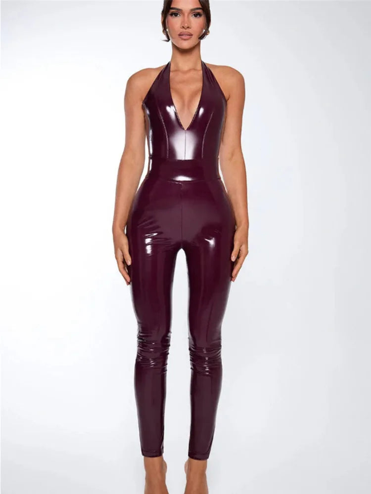 Jumpsuits - Halter Deep V Neck Sexy Jumpsuits For Women Rompers Fashion Solid Sleeveless Backless Skinny PU Leather Jumpsuit