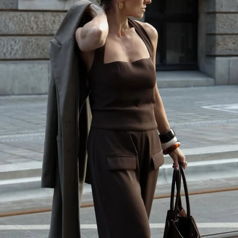 Pants Sets - Solid Square Collar Halter Vest Pants Sets Women Slim Backless Sleeveless Tops High Waist Wide Leg Pant 2025 Lady Office Outfit