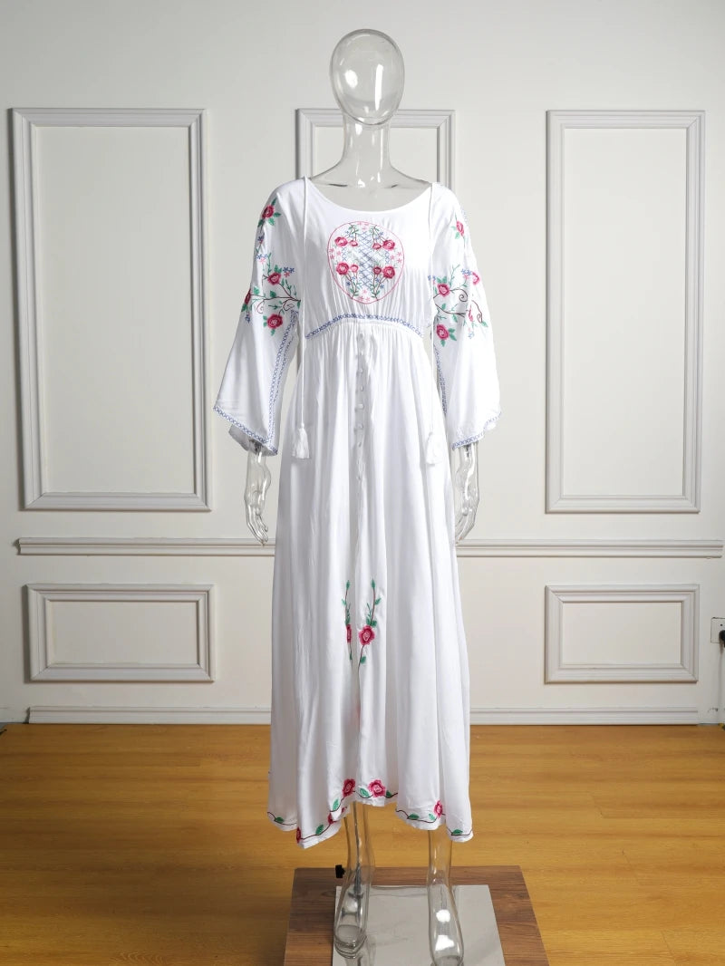 Kaftans - Jastie Embroidered Women Maxi Dress V-Neck Batwing Sleeve Loose Oversize Summer Dresses Drawstring Waist Boho Beach Vestidos