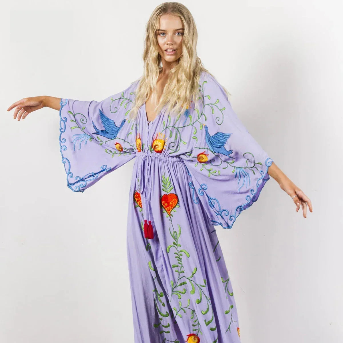 Kaftans - Jastie Embroidered Women Maxi Dress V-Neck Batwing Sleeve Loose Oversize Summer Dresses Drawstring Waist Boho Beach Vestidos