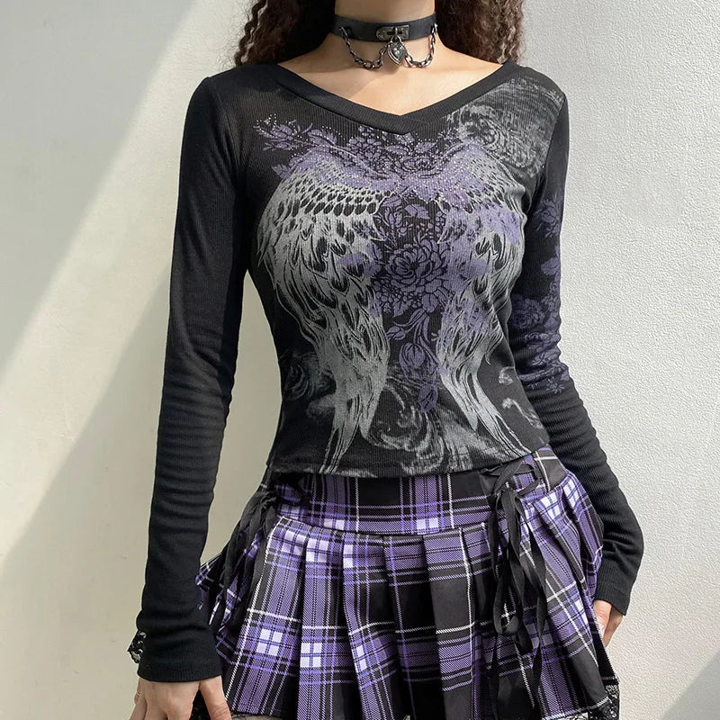 T-shirts - 2024 Autumn And Winter New Y2k Millennium Style Abstract Pattern Print Sexy Round Neck Slim Slim Long-Sleeved T-Shirt Top Women