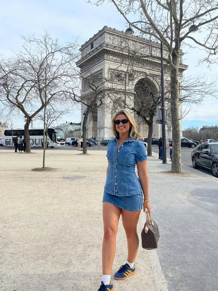 Skirt Sets - Retro Denim Slim Shirt Mini Skirt Woman's Set Classic Lapel Waist-cinching Short Sleeve Jackets A-lined Skirts Sets Female Chic