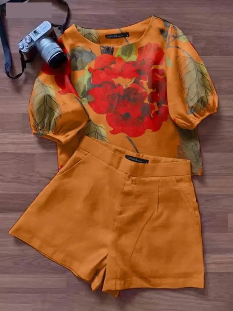 Shorts Outfit Set - Summer Short Sets Women Outfits 2PCS Elegant Short Sleeve Floral Blouse Pant Suit Fashion Tracksuit Matching Sets