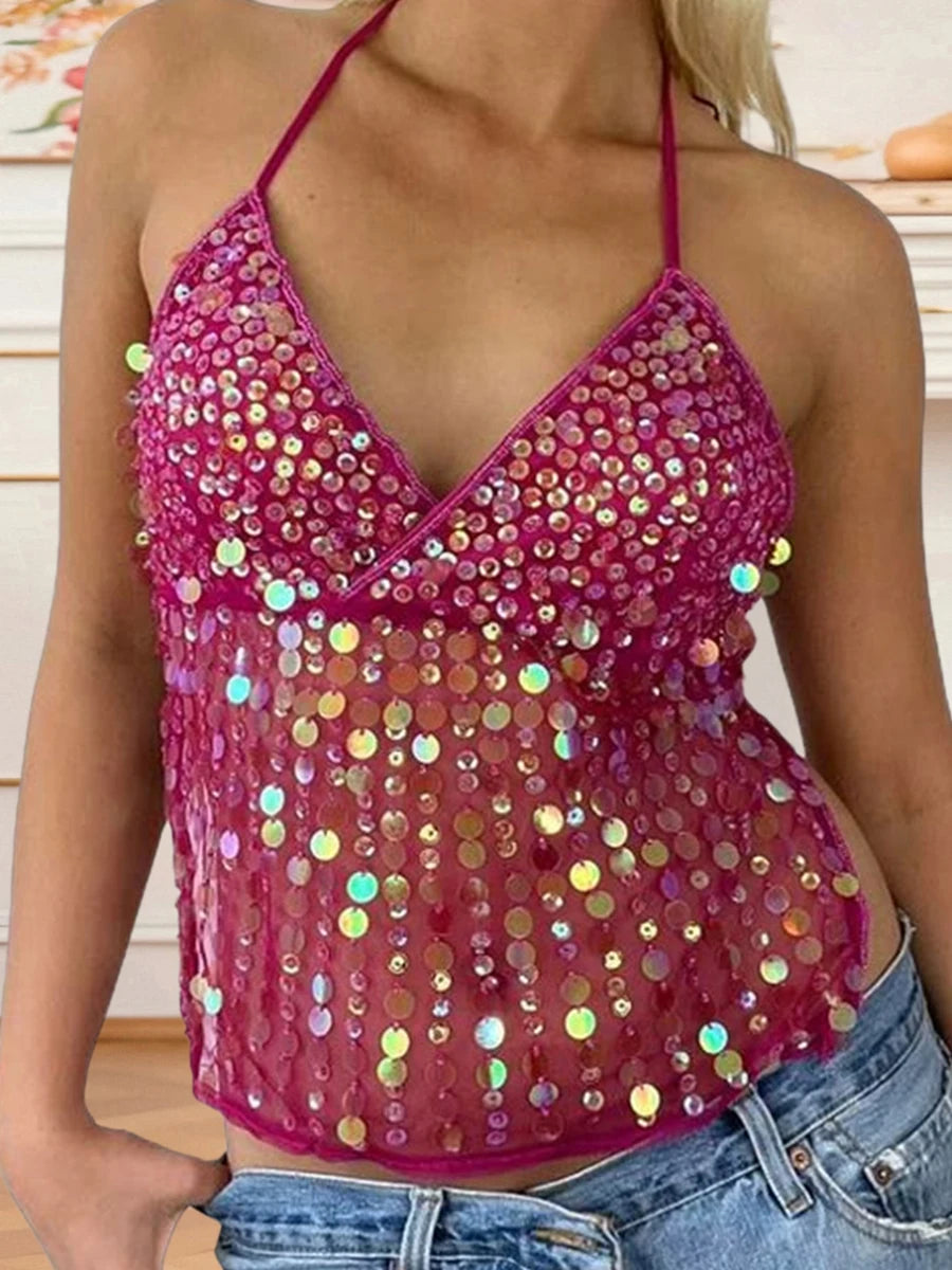 Tops - Women Y2k Sparkly Sequin Halter Beaded Camisole Cute Glitter Rhinestone Spaghetti Strap Backless Criss Cross Cami Top Blue