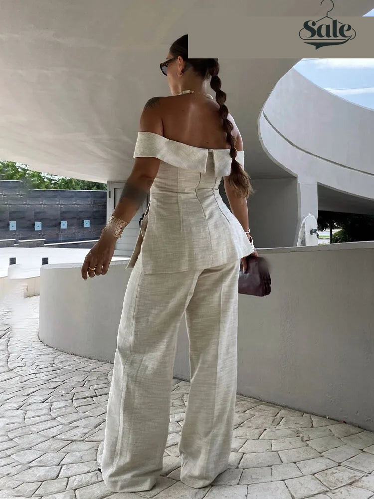 Pants Sets - Women Elegant Solid Slim Back Zipper Side Slit Crop Design Slash Neck Top+High-Waisted Zip-up Loose Long Pant 2 Piece Set