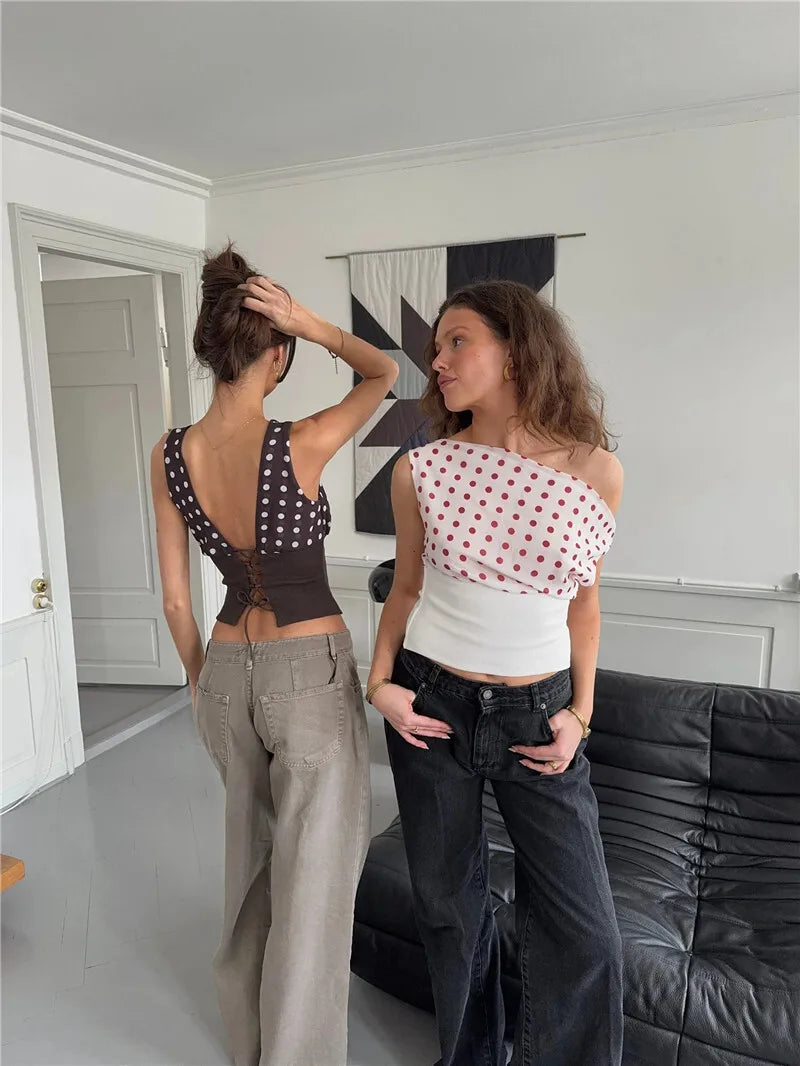 Crop Blouses - Backless Polka Dot Crop Tops Women Vest Fashion Summer New Oblique Shoulder Sleeveless Tank Tops Pullovers Female