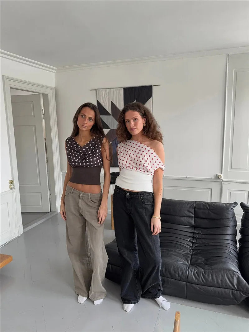 Crop Blouses - Backless Polka Dot Crop Tops Women Vest Fashion Summer New Oblique Shoulder Sleeveless Tank Tops Pullovers Female