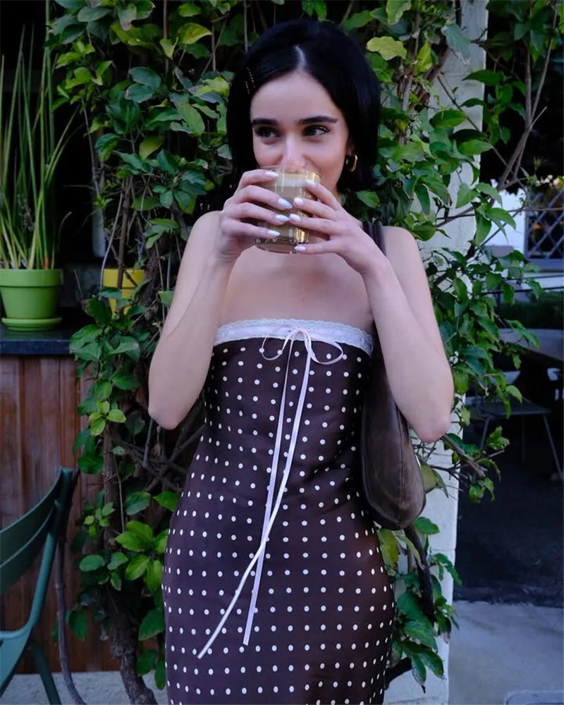 Strapless Dresses - Lace Strapless Backless Sexy Midi Dress For Women Fashion Off-shoulder Sleeveless Bodycon Polka Dot Dress Elegant