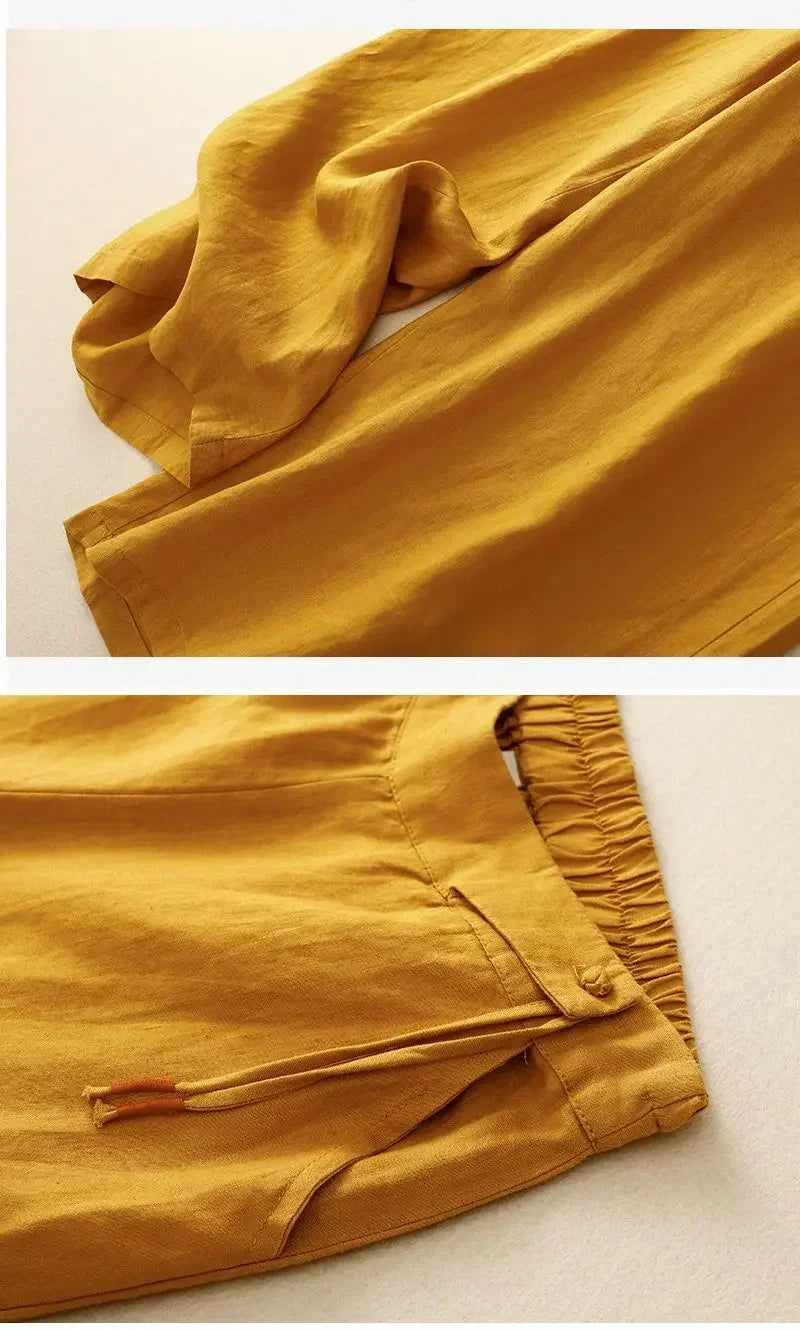 Pants - Summer Wide Leg Pants Women Elastic High Waist Cotton and Linen Casual Pants Loose Straight Yellow Women's Pants