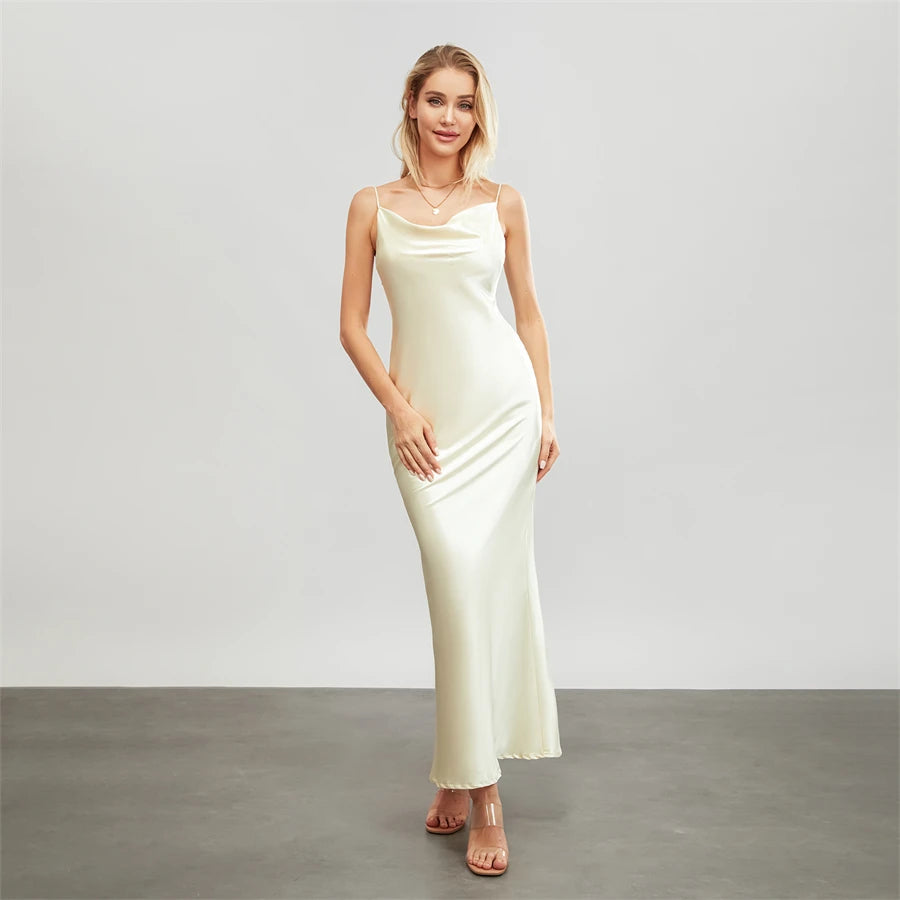 Satin Dresses - Backless Spaghetti Straps Party Long Dresses 2024 New Evening Gown Satin Vestidos Women's Cowl Neck Slip Wrap Dress